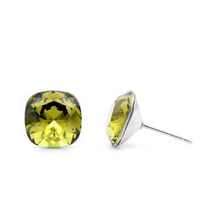 10mm Khaki Green Swarovski Studs | Cushion Cut Crystal Earrings | Hypoallergenic